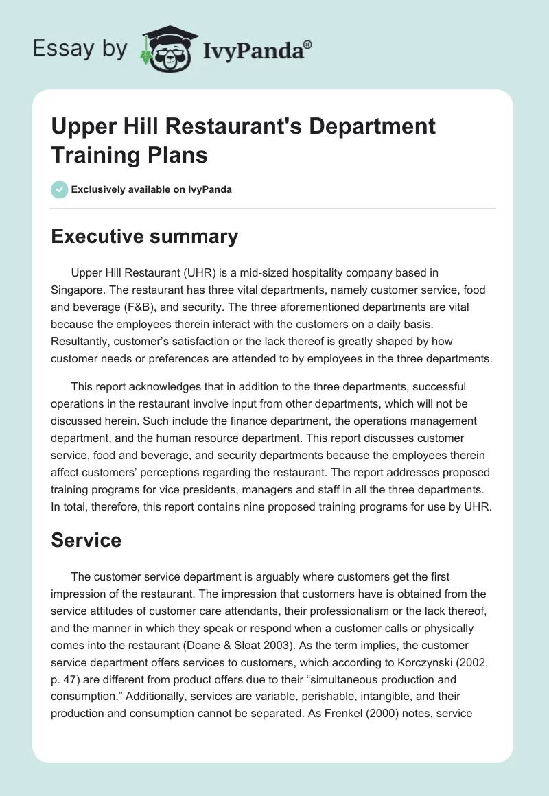 Upper Hill Restaurant's Department Training Plans. Page 1