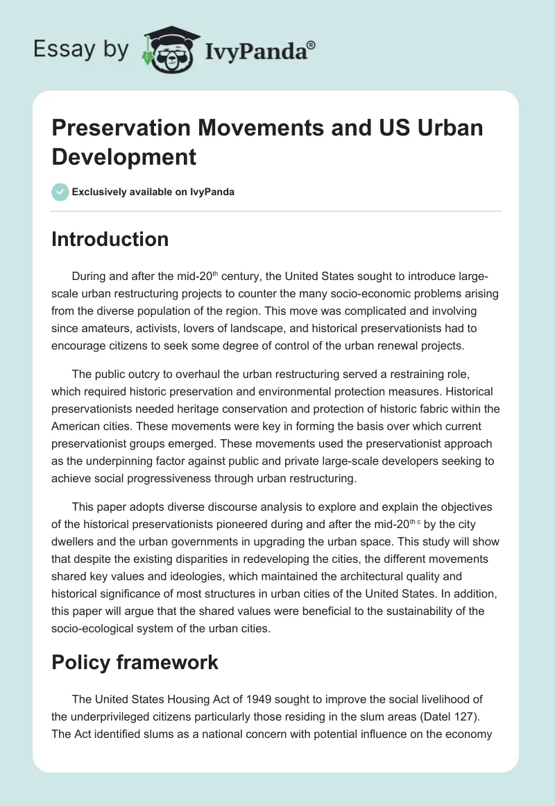 Preservation Movements and US Urban Development. Page 1
