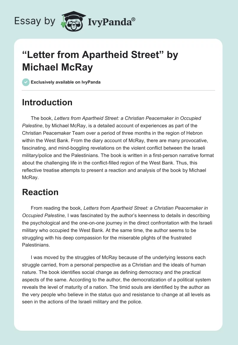“Letter from Apartheid Street” by Michael McRay. Page 1