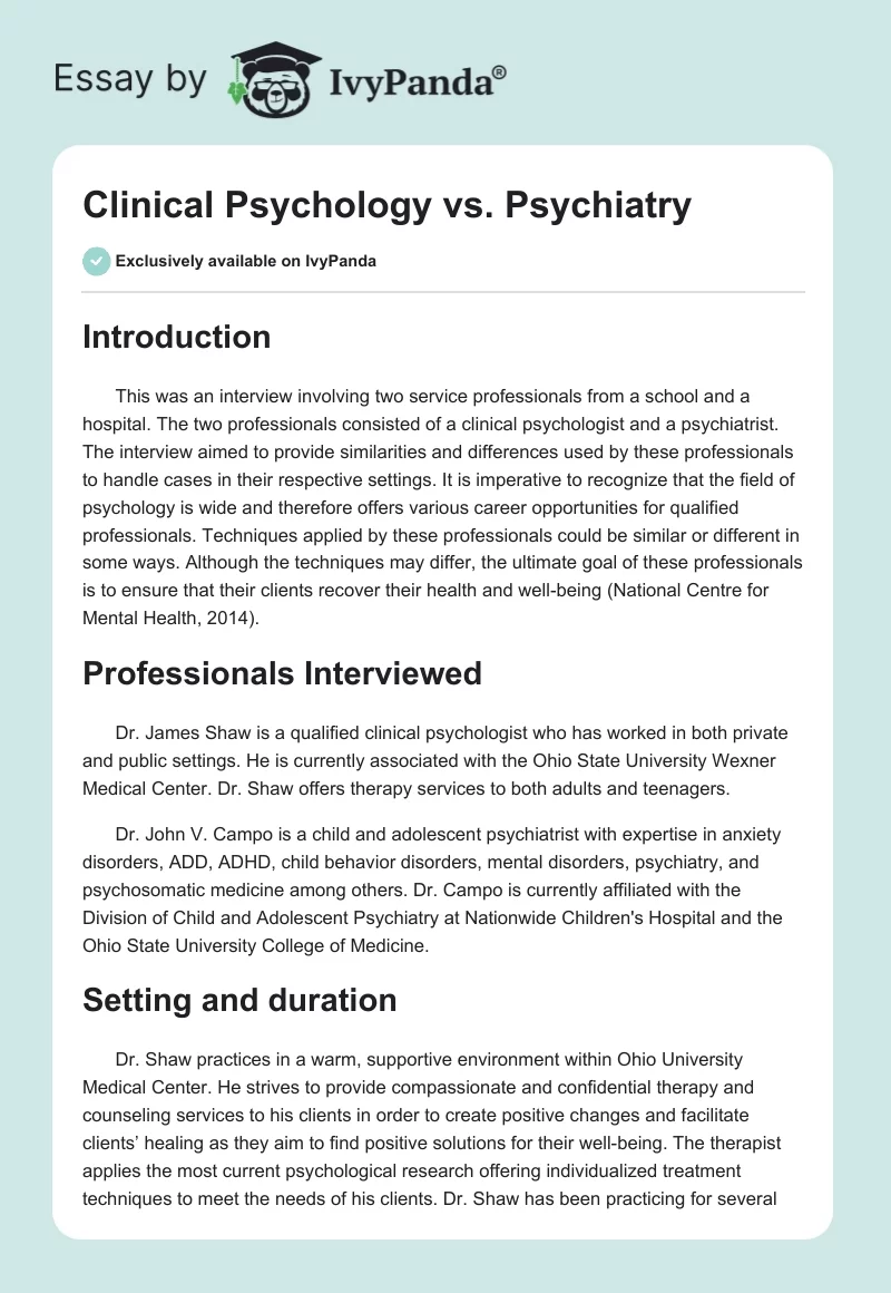 Clinical Psychology vs. Psychiatry. Page 1