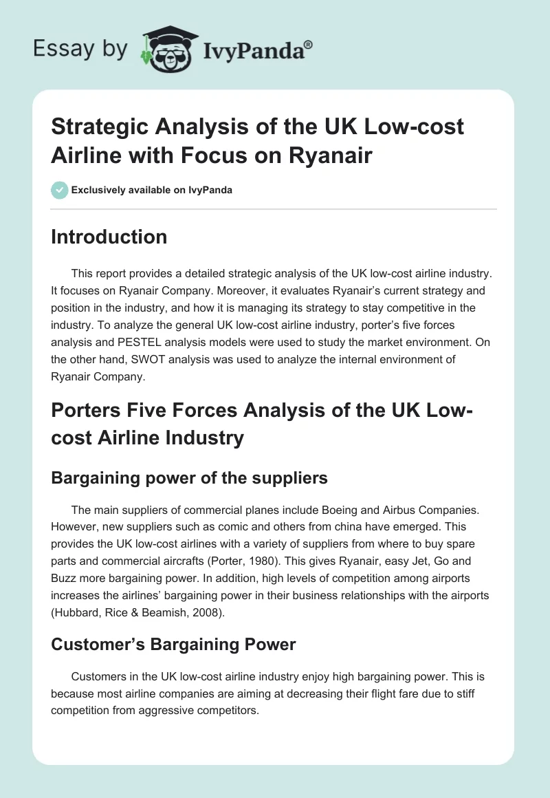 Strategic Analysis of the UK Low-Cost Airline With Focus on Ryanair. Page 1