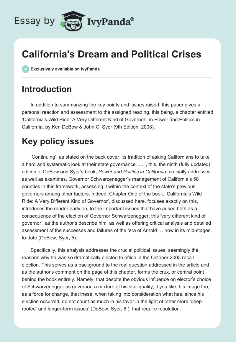 California's Dream and Political Crises. Page 1