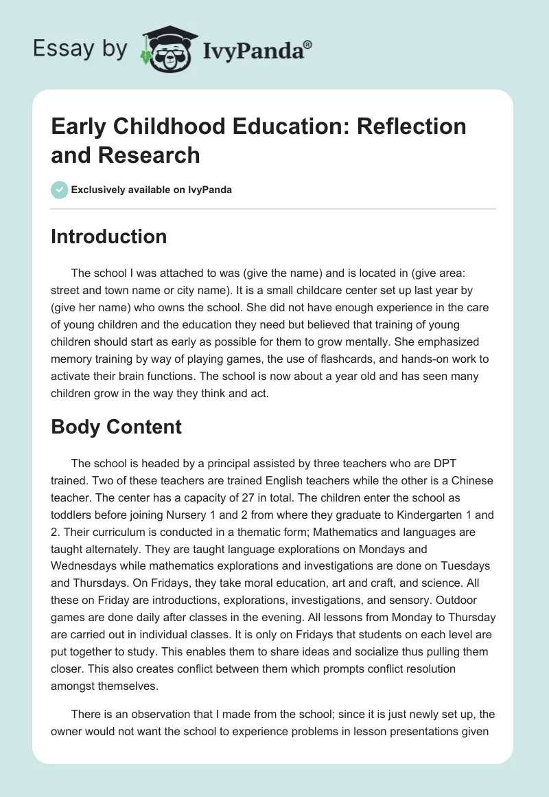 Early Childhood Education: Reflection and Research. Page 1