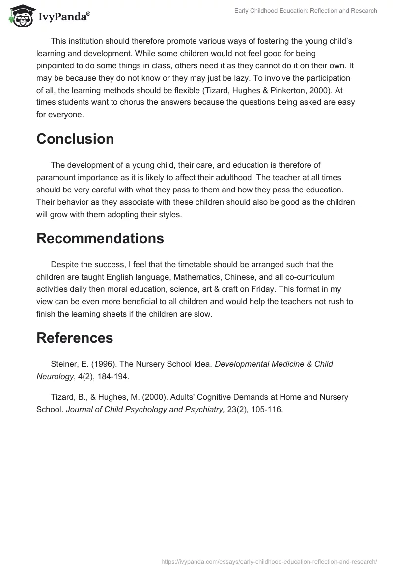 Early Childhood Education: Reflection and Research. Page 3