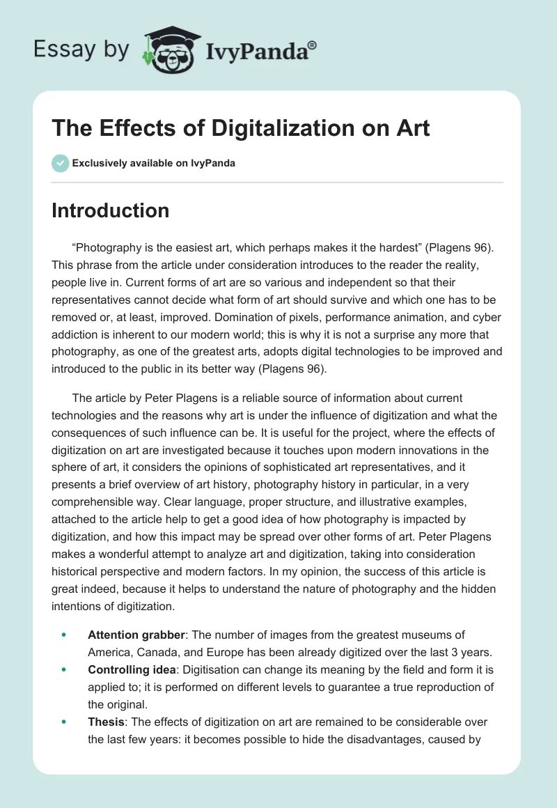 The Effects of Digitalization on Art. Page 1
