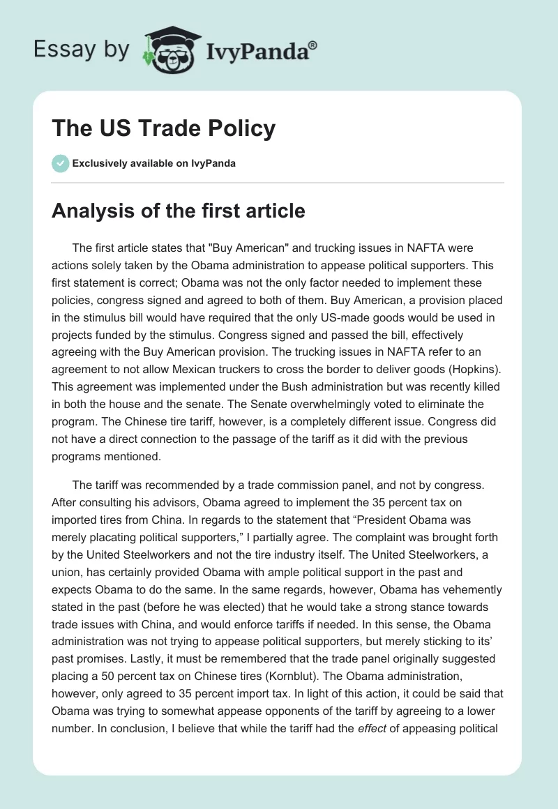 The US Trade Policy. Page 1