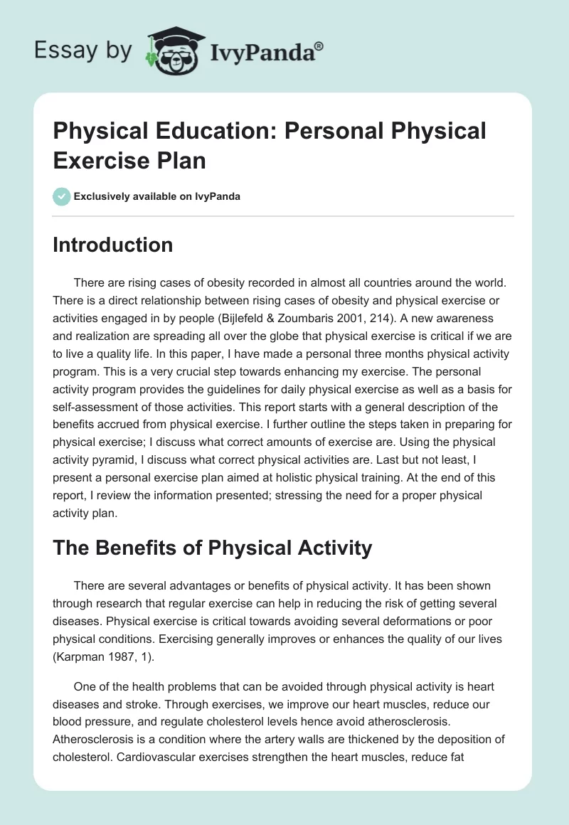 Physical Education: Personal Physical Exercise Plan. Page 1