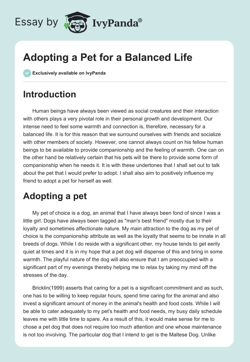 Adopting a Pet for a Balanced Life. Page 1