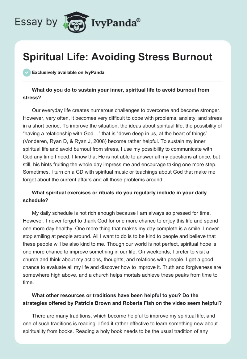 Spiritual Life: Avoiding Stress Burnout. Page 1