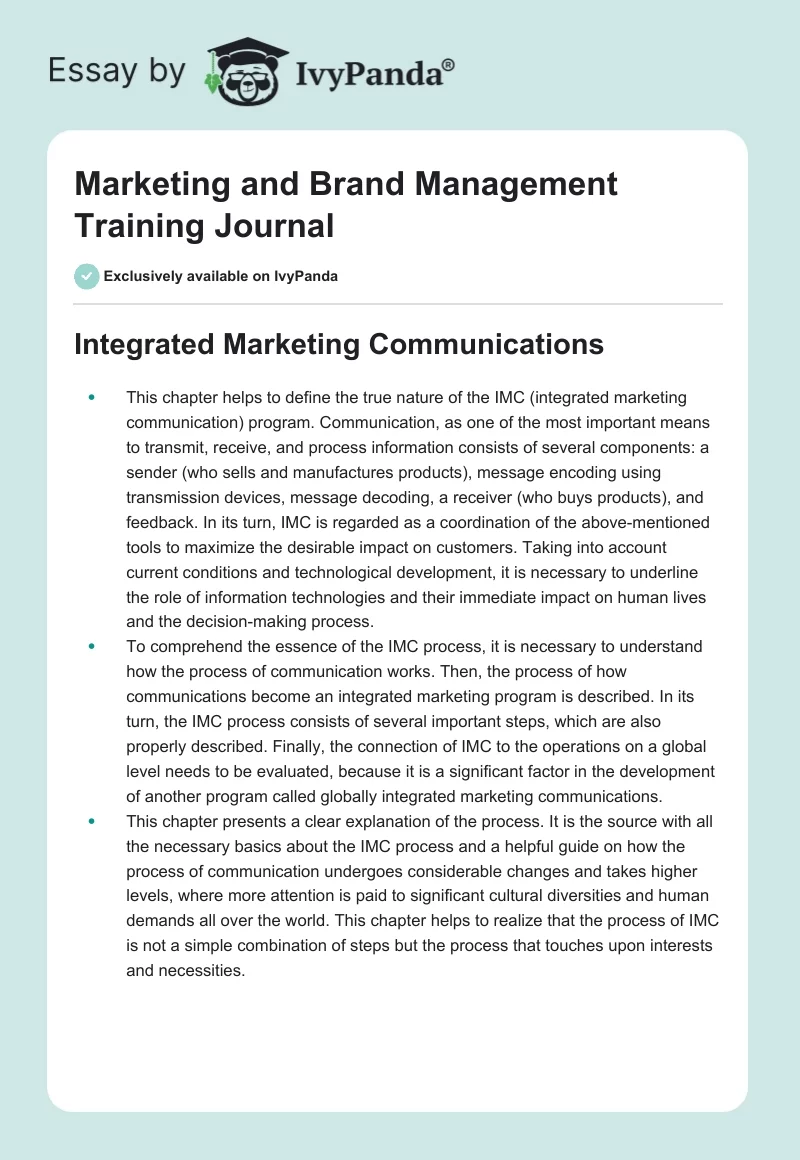 Marketing and Brand Management Training Journal. Page 1