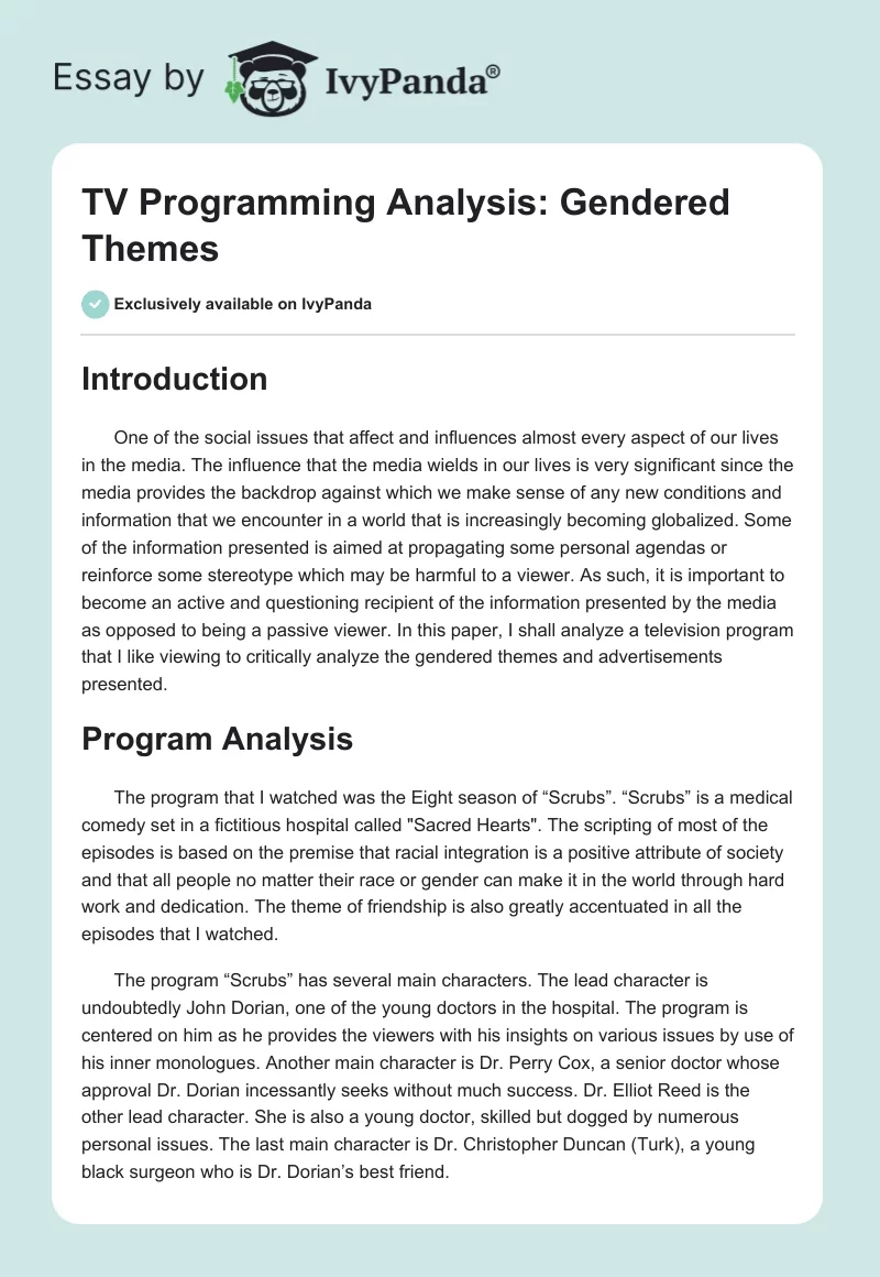 TV Programming Analysis: Gendered Themes. Page 1