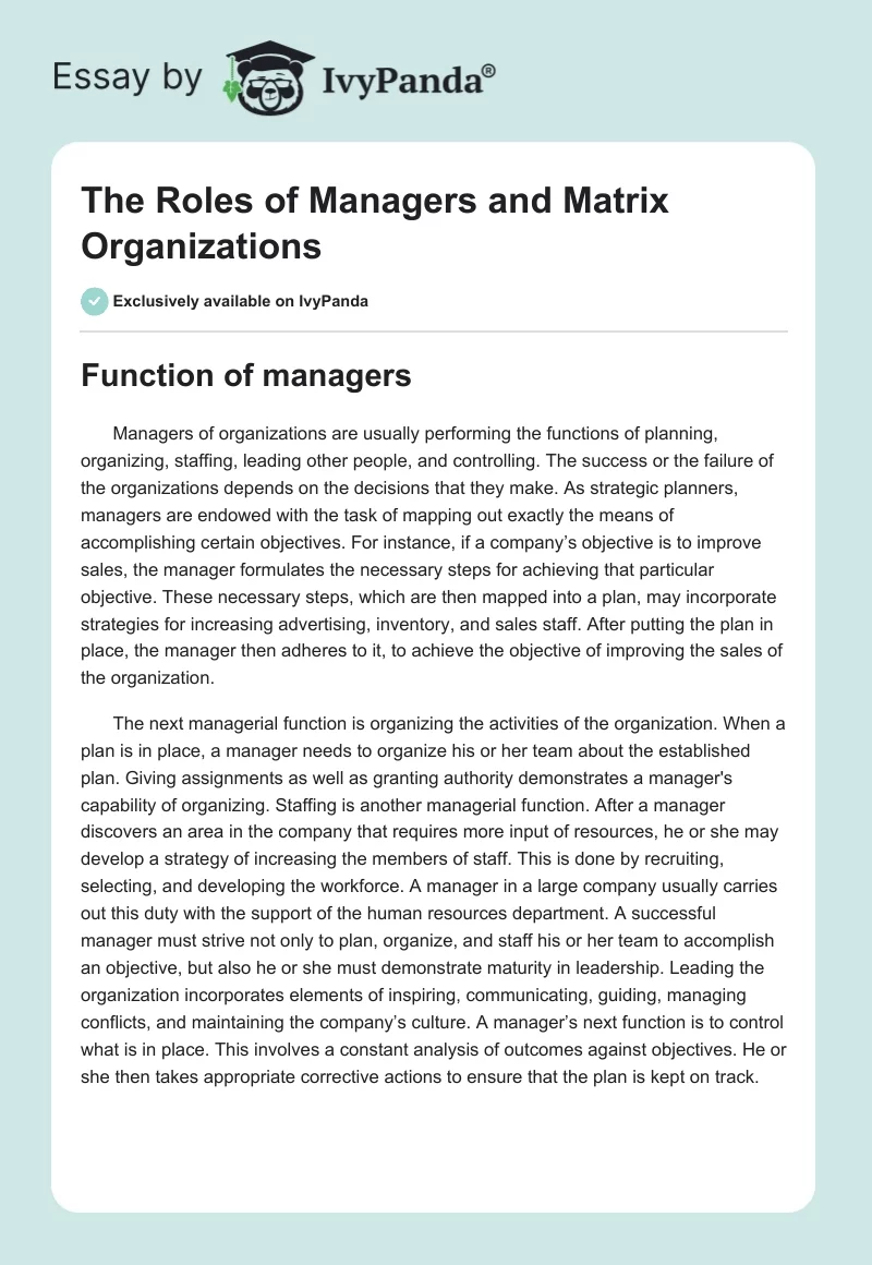 The Roles of Managers and Matrix Organizations. Page 1