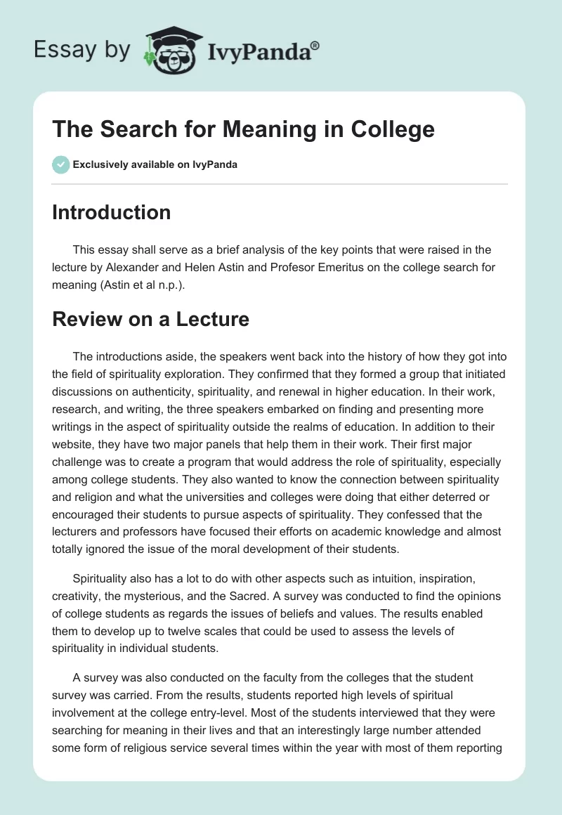 The Search for Meaning in College. Page 1