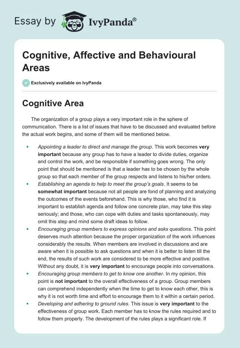 Cognitive, Affective and Behavioural Areas. Page 1