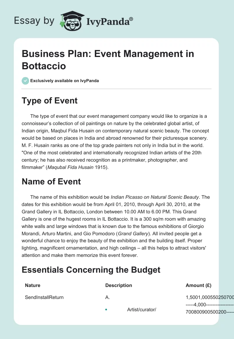 Business Plan: Event Management in Bottaccio. Page 1