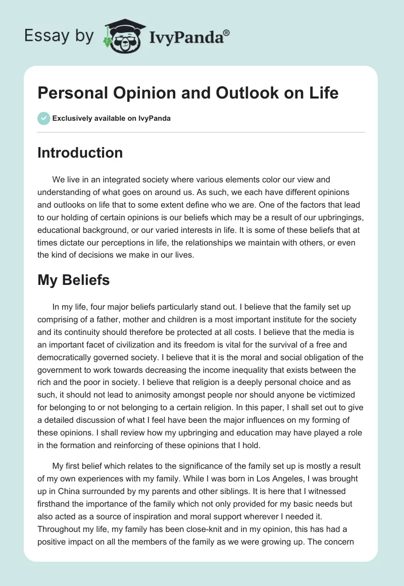 Personal Opinion and Outlook on Life. Page 1