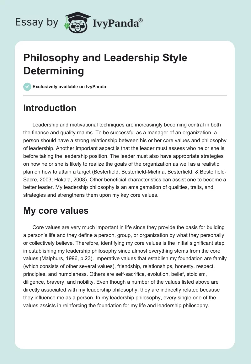 Philosophy and Leadership Style Determining. Page 1