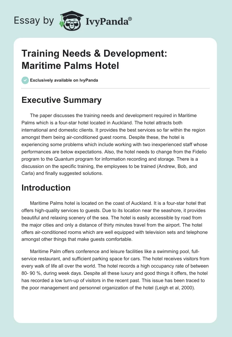 Training Needs & Development: Maritime Palms Hotel. Page 1