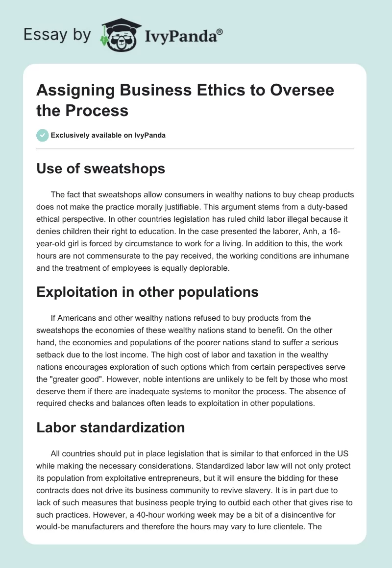 Assigning Business Ethics to Oversee the Process. Page 1