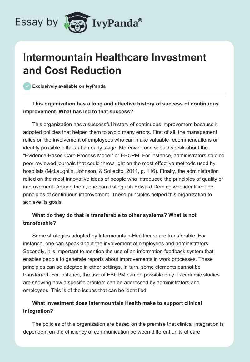 Intermountain Healthcare Investment and Cost Reduction. Page 1