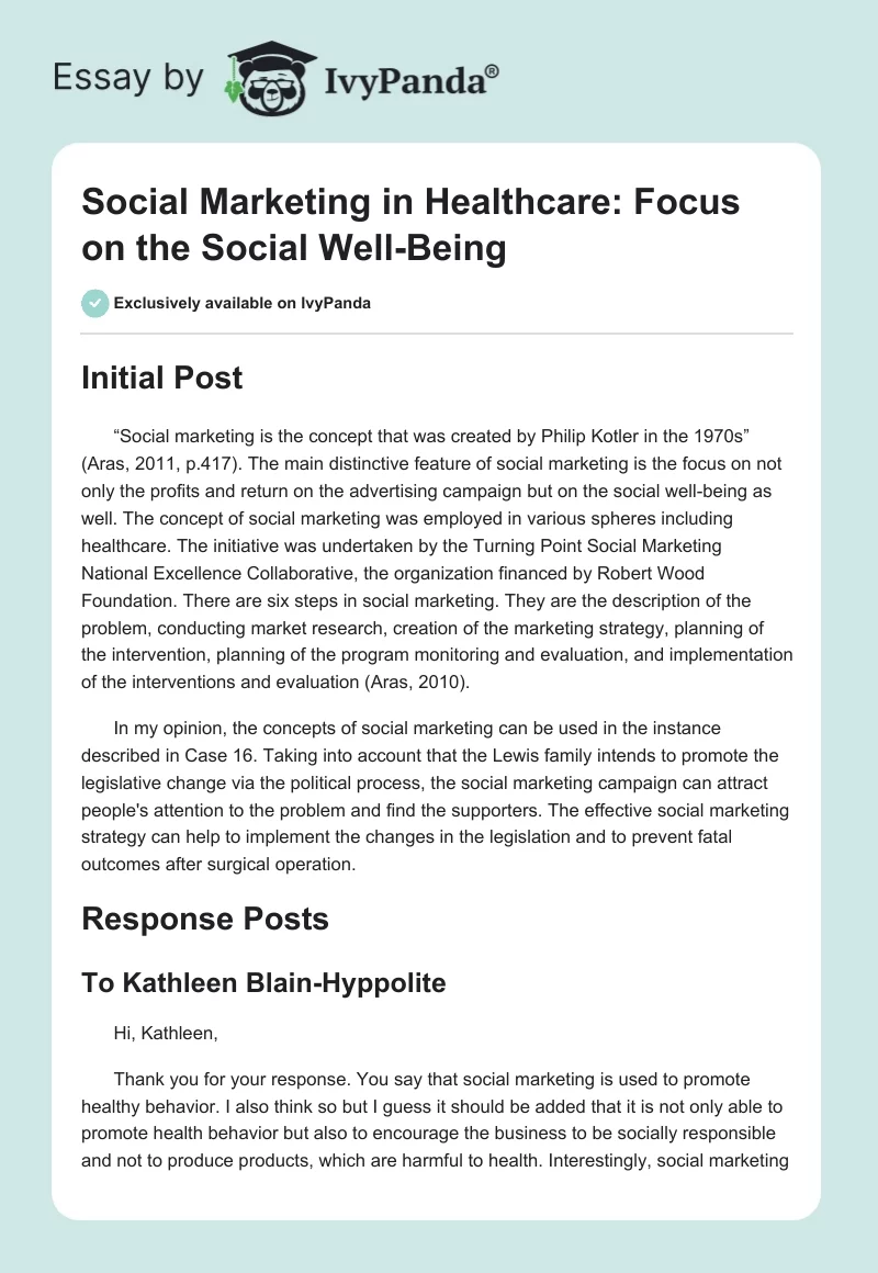 Social Marketing in Healthcare: Focus on the Social Well-Being. Page 1
