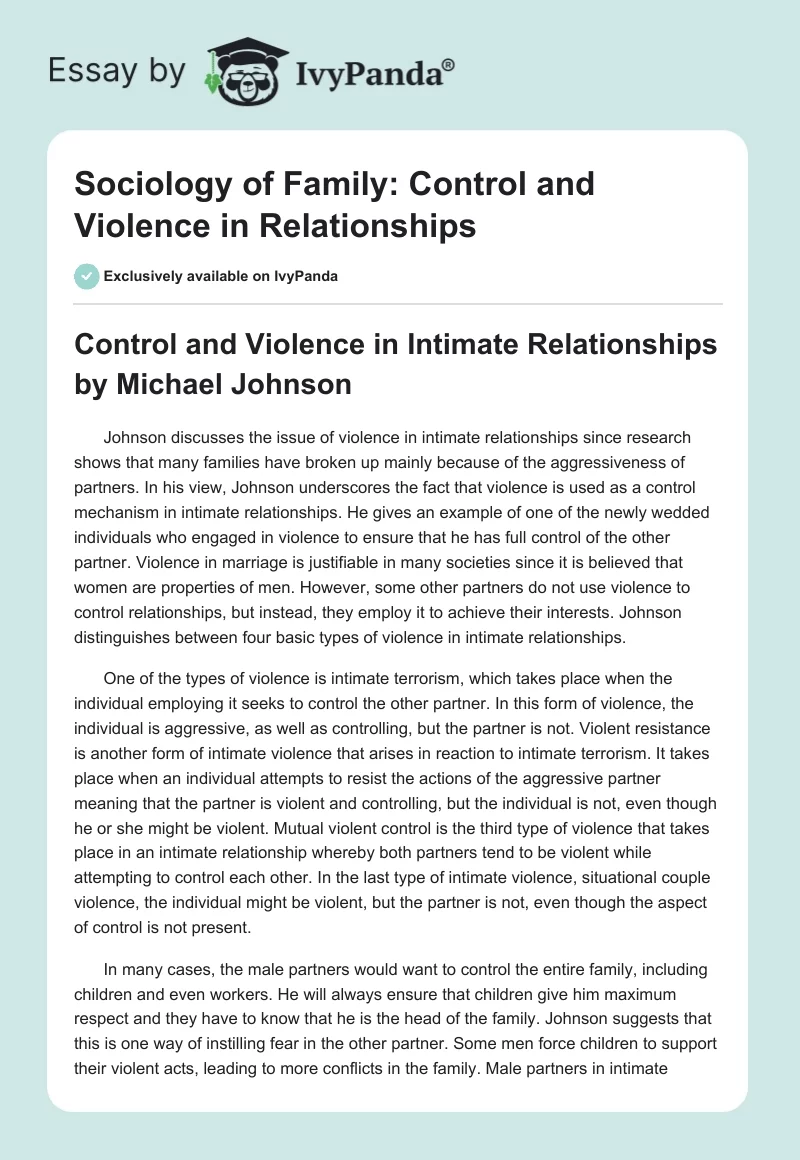Sociology of Family: Control and Violence in Relationships. Page 1