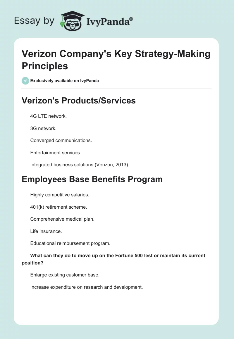 Verizon Company's Key Strategy-Making Principles. Page 1