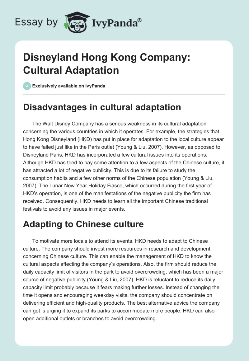 Disneyland Hong Kong Company: Cultural Adaptation. Page 1