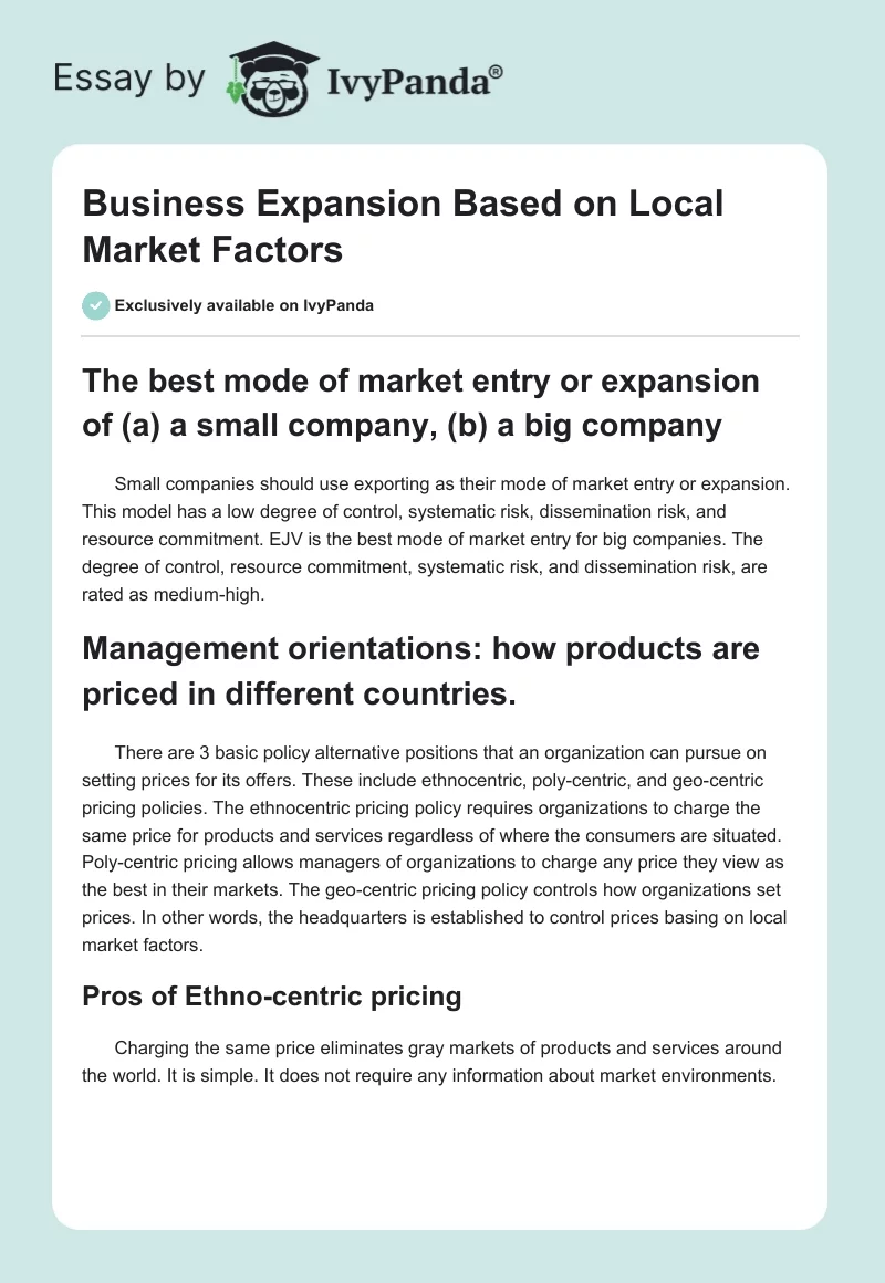 Business Expansion Based on Local Market Factors. Page 1