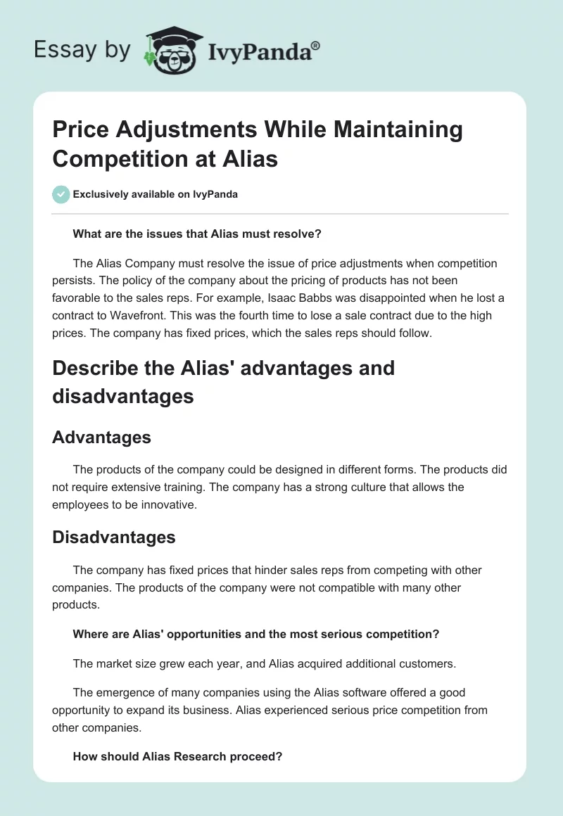 Price Adjustments While Maintaining Competition at Alias. Page 1