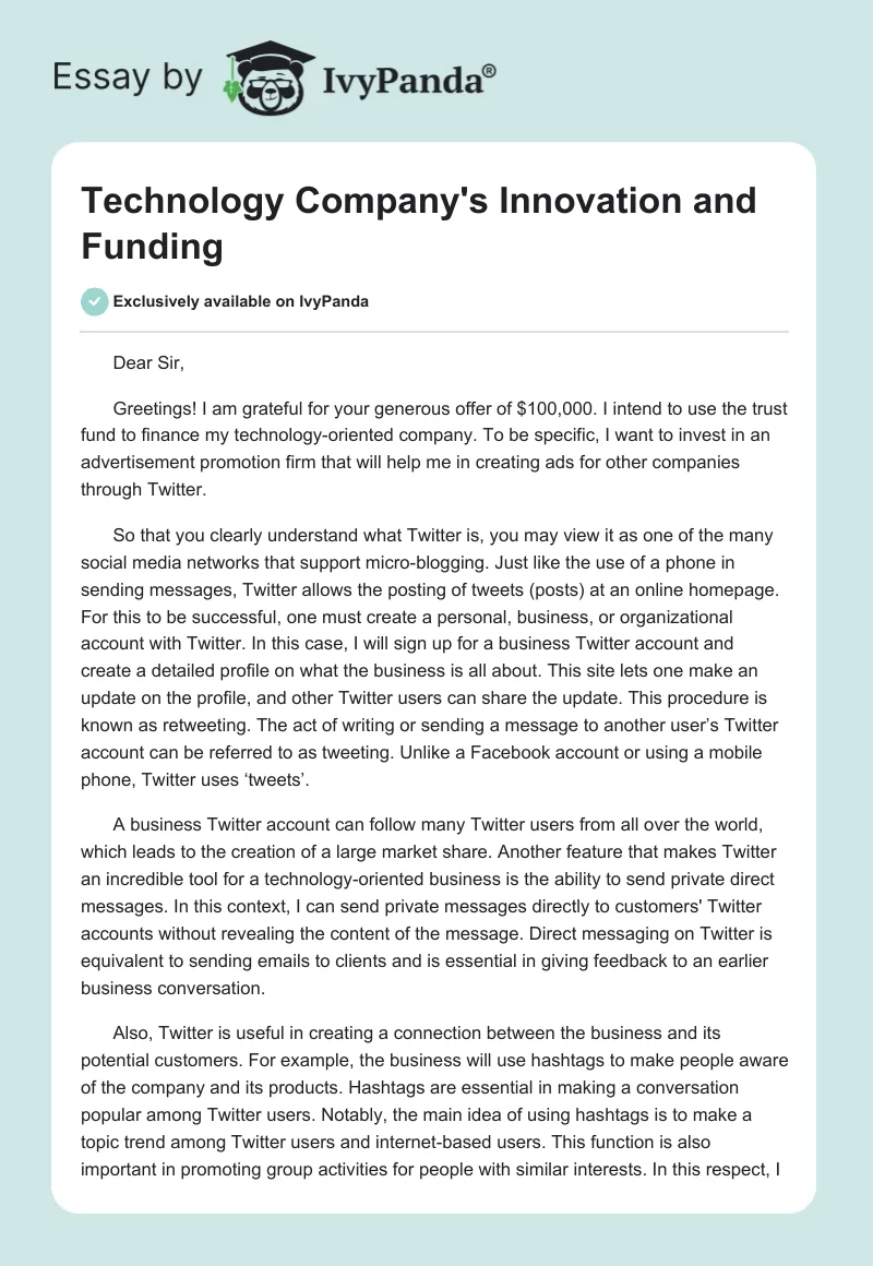 Technology Company's Innovation and Funding. Page 1