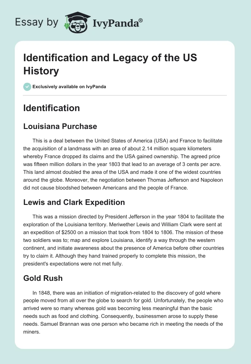 Identification and Legacy of the US History. Page 1