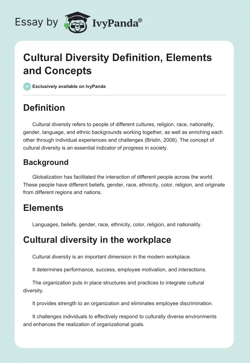 Cultural Diversity Definition, Elements and Concepts. Page 1