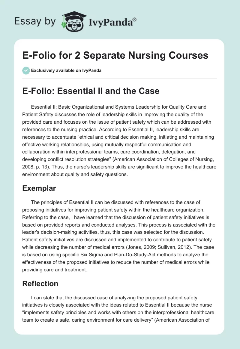 E-Folio for 2 Separate Nursing Courses. Page 1