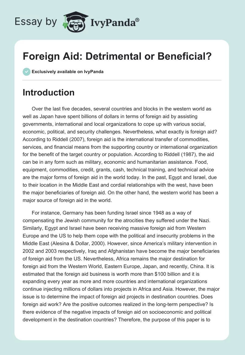 Foreign Aid: Detrimental or Beneficial?. Page 1