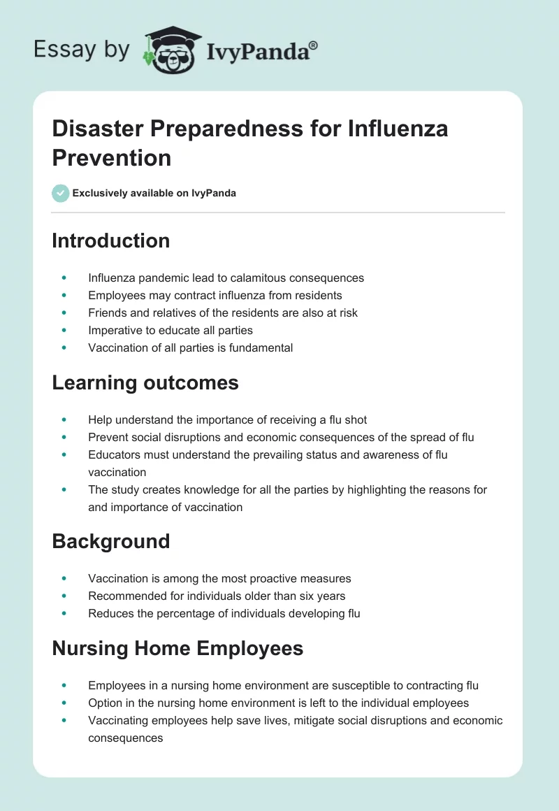 Disaster Preparedness for Influenza Prevention. Page 1