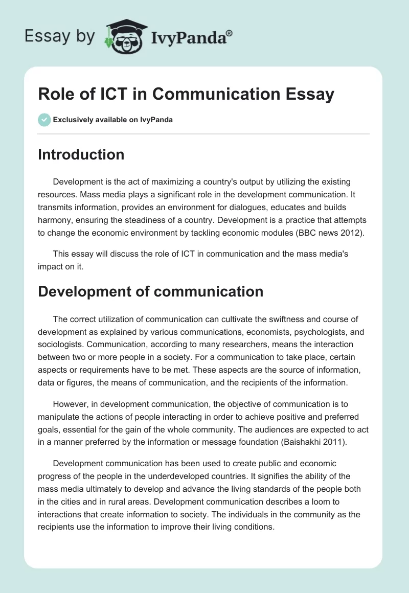 Role of ICT in Communication Essay. Page 1