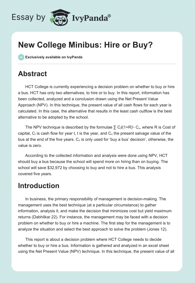 New College Minibus: Hire or Buy?. Page 1