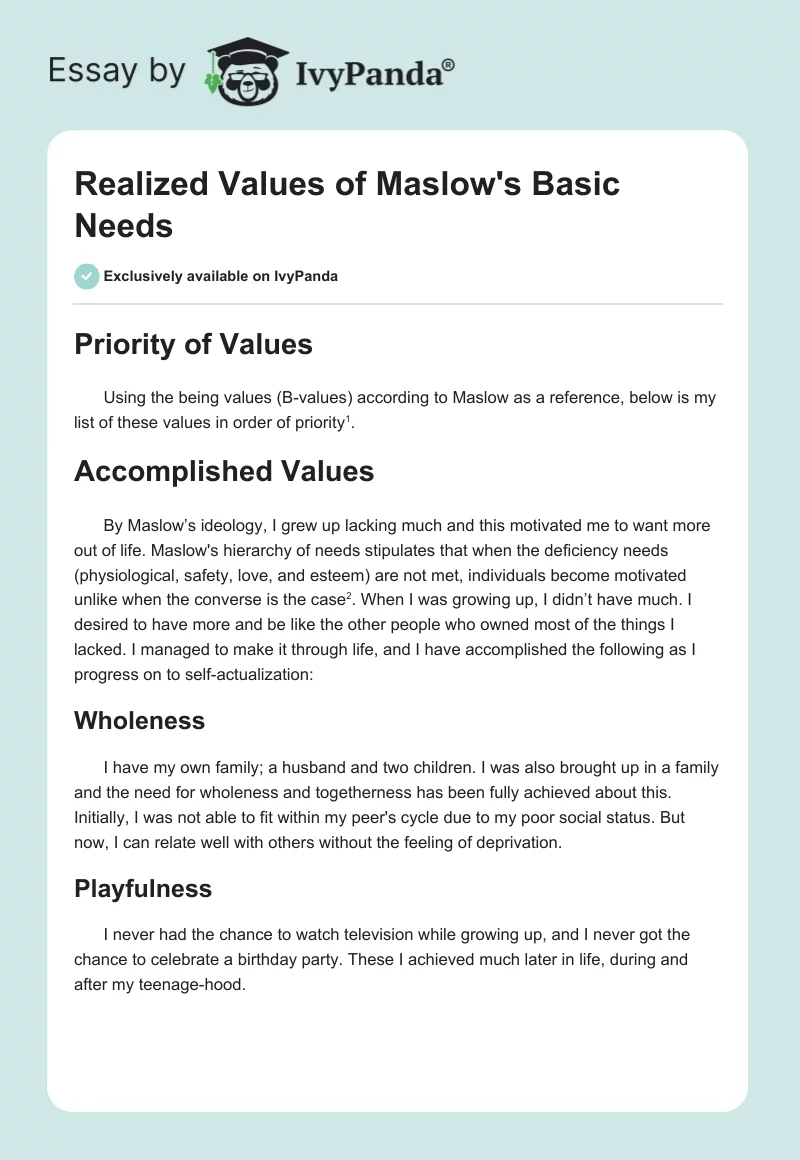 Realized Values of Maslow's Basic Needs. Page 1