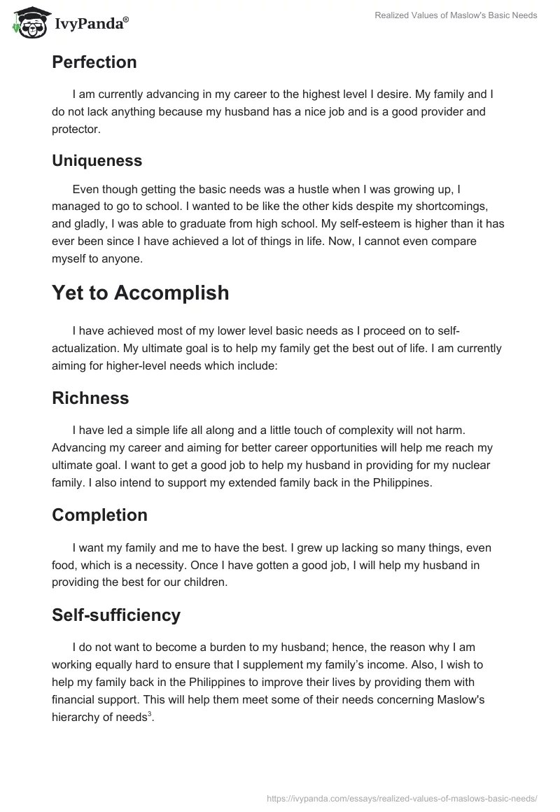 Realized Values of Maslow's Basic Needs. Page 2