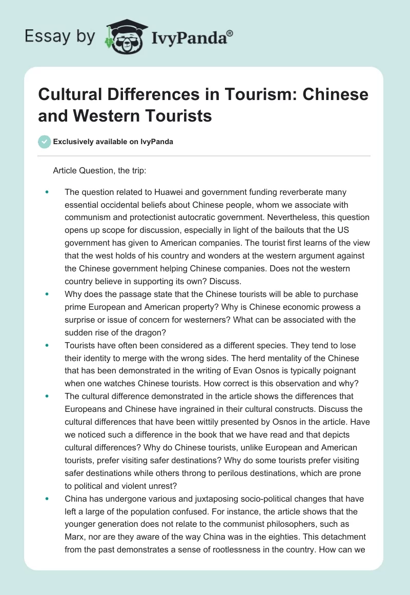 Cultural Differences in Tourism: Chinese and Western Tourists. Page 1
