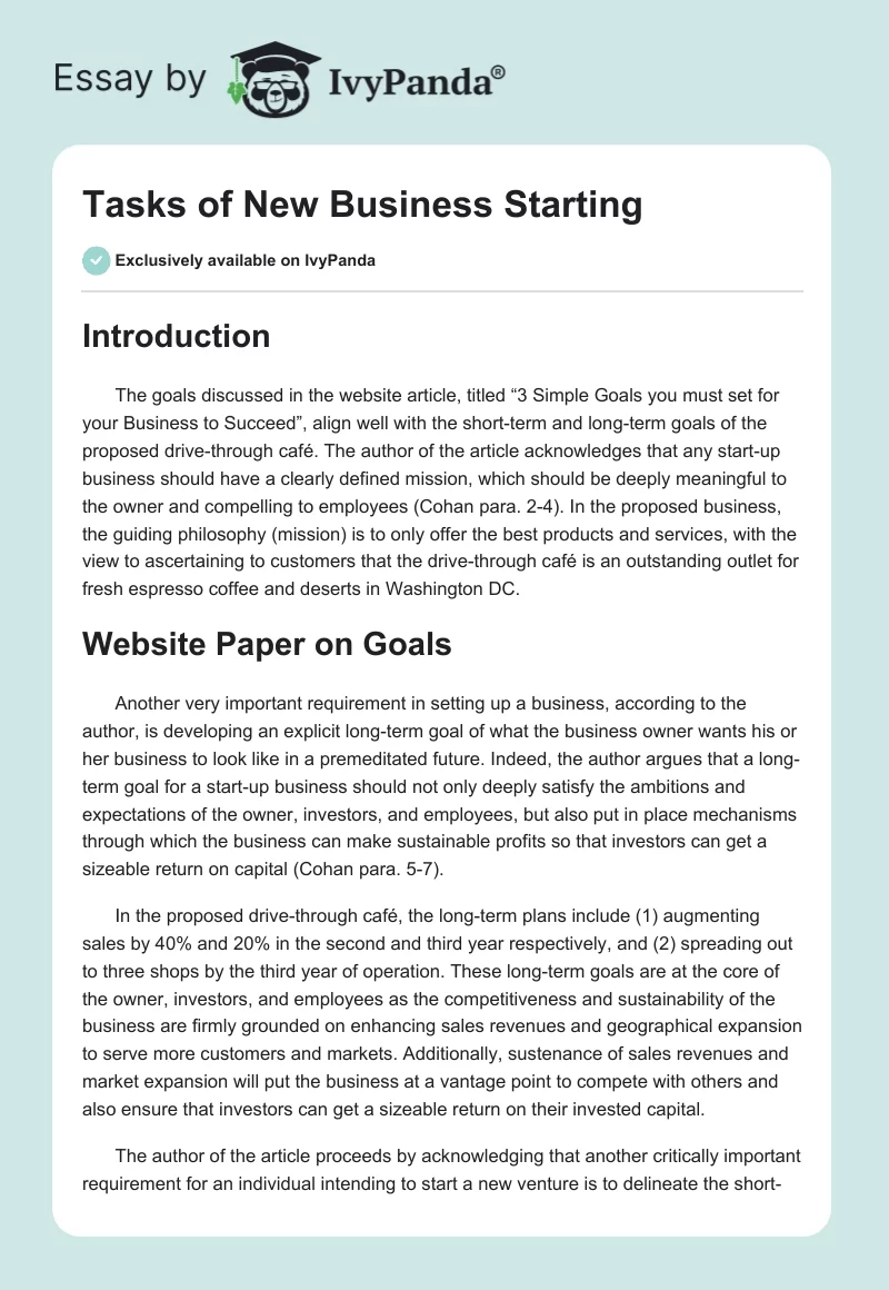Tasks of New Business Starting. Page 1