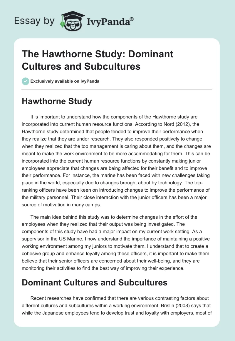 The Hawthorne Study: Dominant Cultures and Subcultures. Page 1