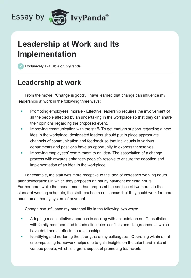 Leadership at Work and Its Implementation. Page 1