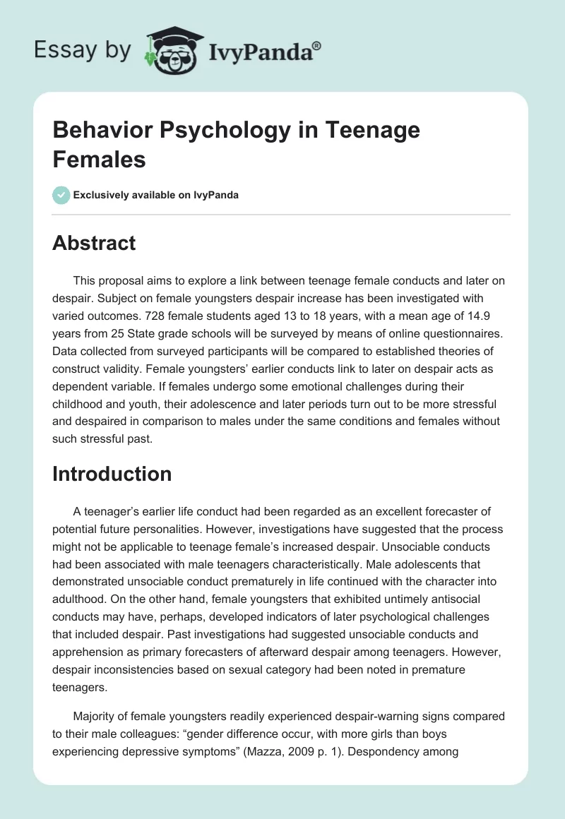 Behavior Psychology in Teenage Females. Page 1