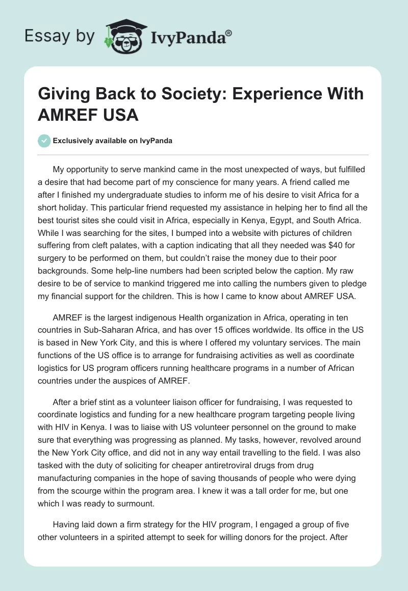 Giving Back to Society: Experience With AMREF USA. Page 1