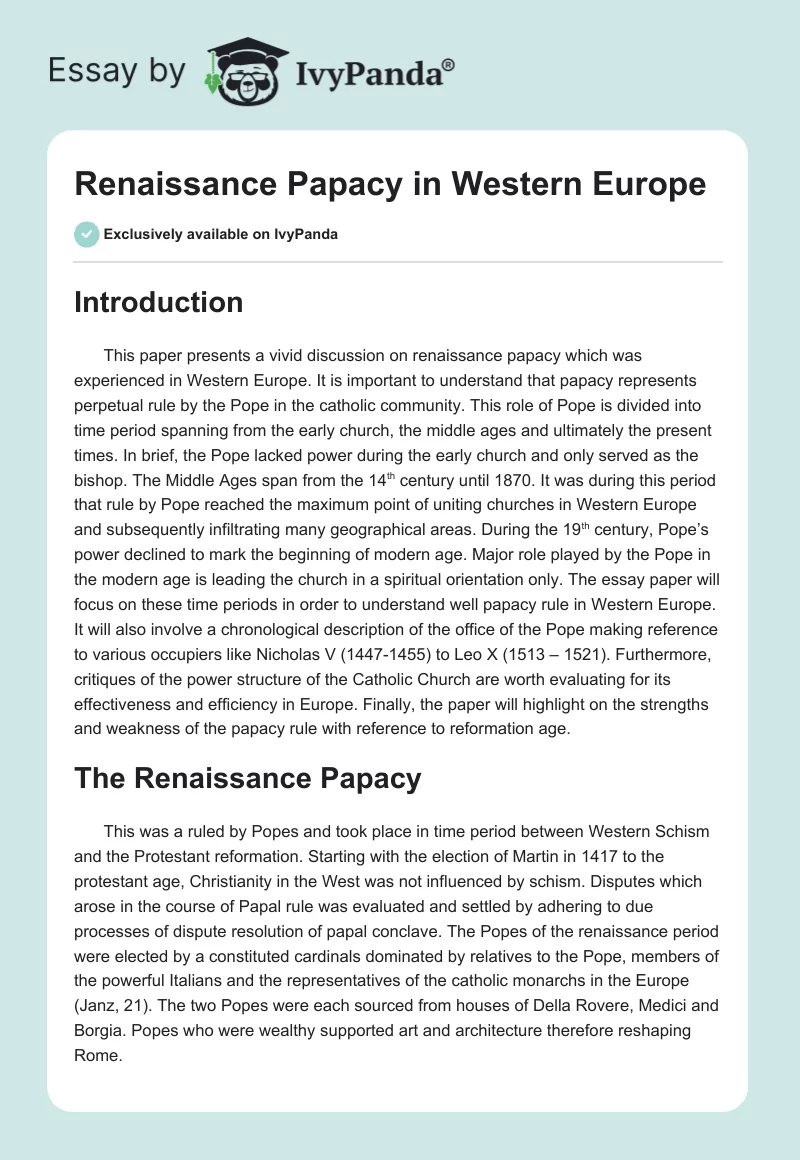 Renaissance Papacy in Western Europe. Page 1