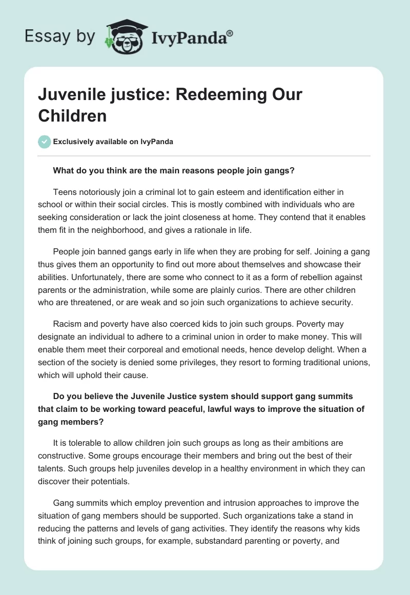 Juvenile justice: Redeeming Our Children. Page 1