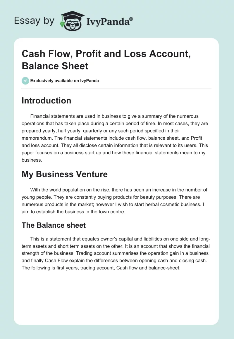 Cash Flow, Profit and Loss Account, Balance Sheet. Page 1