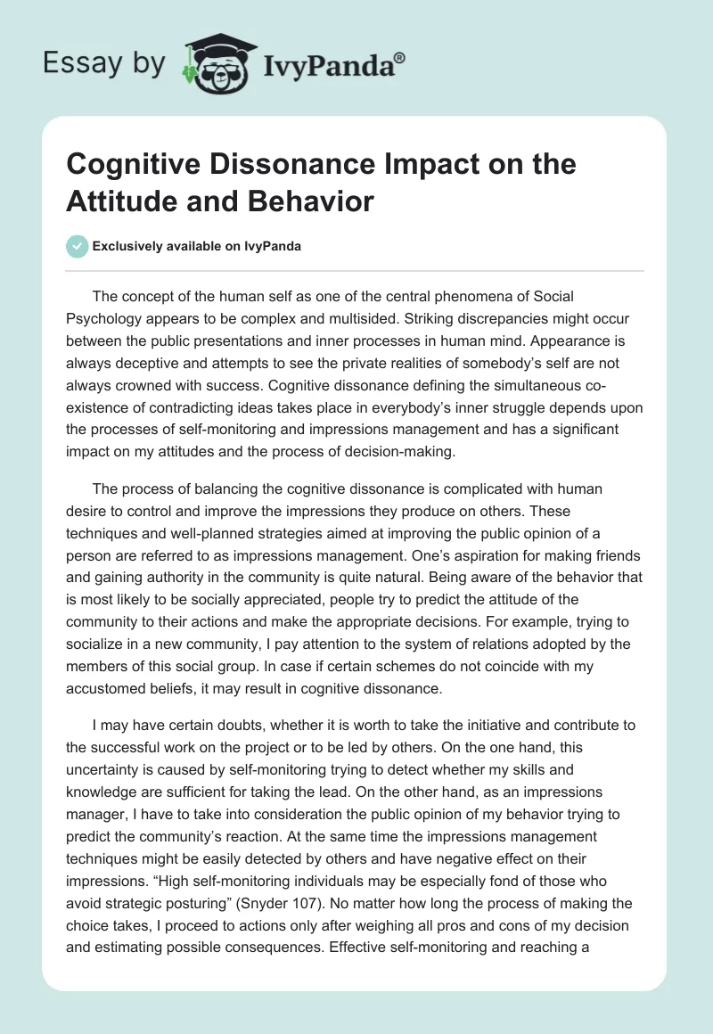 Cognitive Dissonance Impact on the Attitude and Behavior. Page 1
